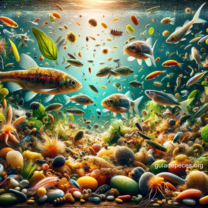 crea una imagen realista y llamativa en estilo clickbait para ilustrar el concepto de diversidad en la dieta de los peces pequeos la imagen debe m