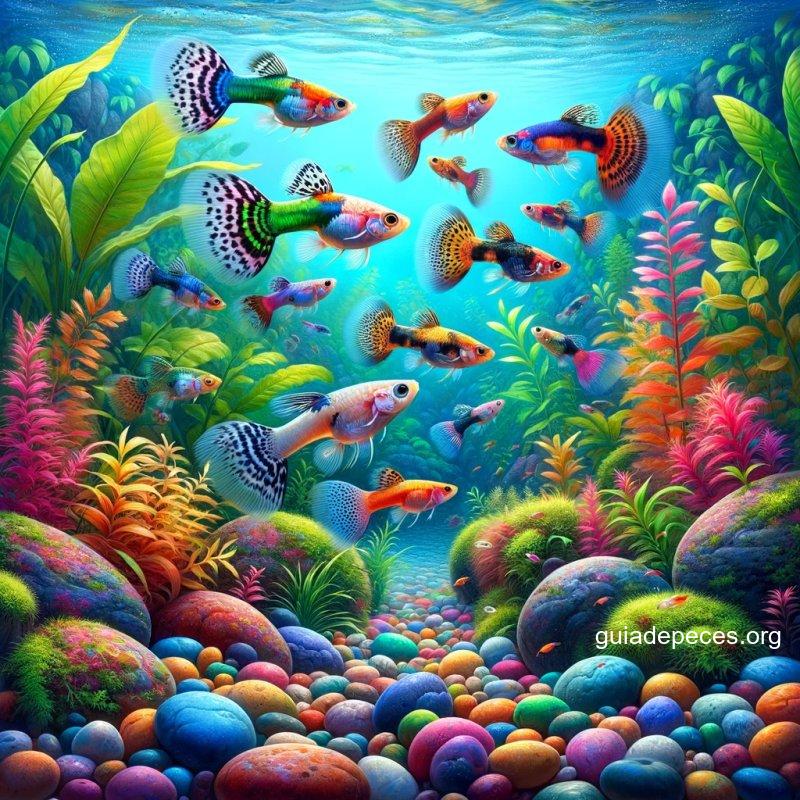 escena submarina vibrante con peces guppy en un acuario la imagen debe mostrar a los guppies nadando entre exuberantes plantas acuticas y piedras co