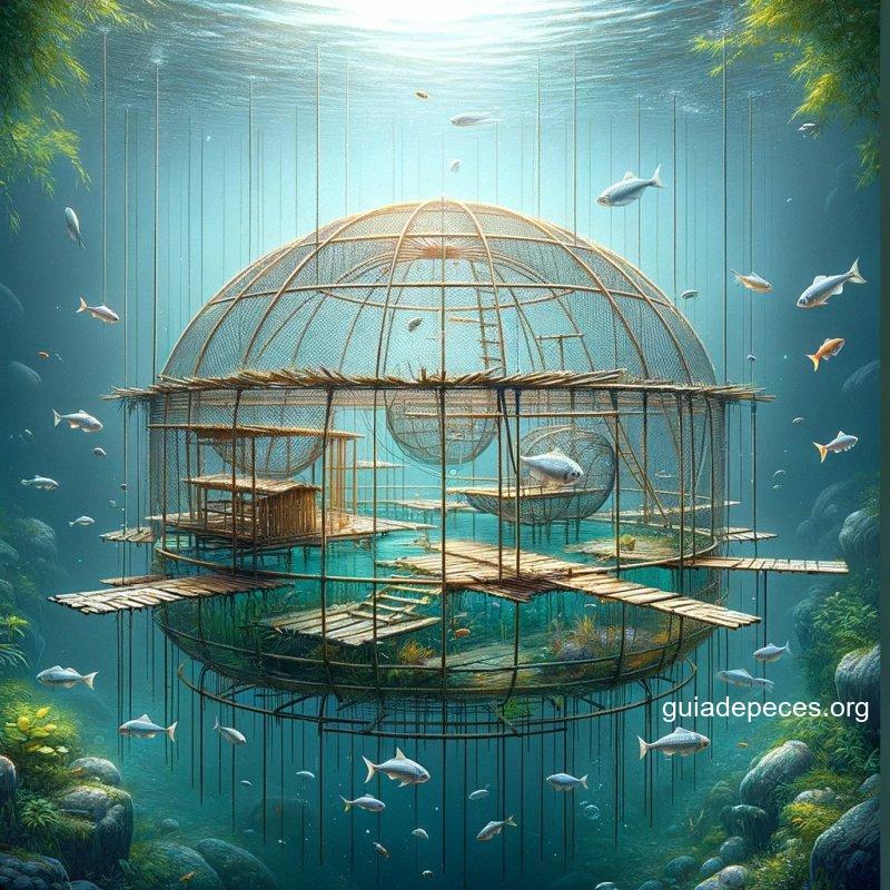 ilustracin hiperrealista en estilo clickbait que muestra cmo construir una jaula flotante para peces en un entorno natural acutico la imagen deb