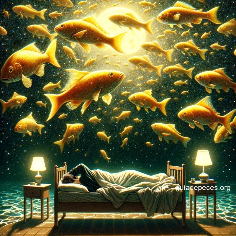 ilustracin hiperrealista en estilo clickbait sobre el tema qu significa soar con peces amarillos mostrando a una persona durmiendo en un entor