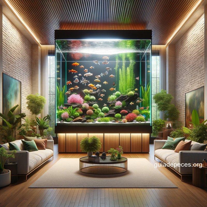 imagen en estilo clickbait sobre el significado de tener peces en casa con un enfoque en un hermoso acuario integrado en un entorno hogareo modern