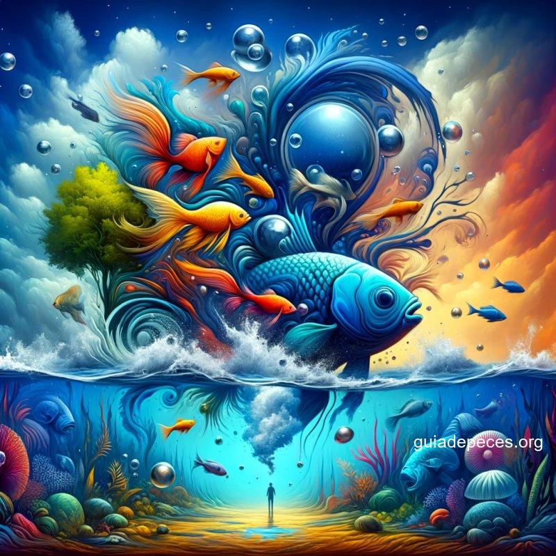 imagen estilo clickbait para ilustrar interpretacin simblica del agua y peces en los sueos utiliza colores vivos y contrastes fuertes para repre