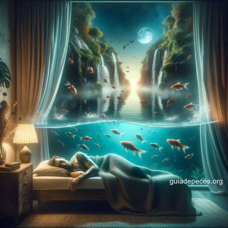 una imagen artstica y onrica que representa el significado de soar con un lago y peces incluyendo a una persona durmiendo la escena debe mostra