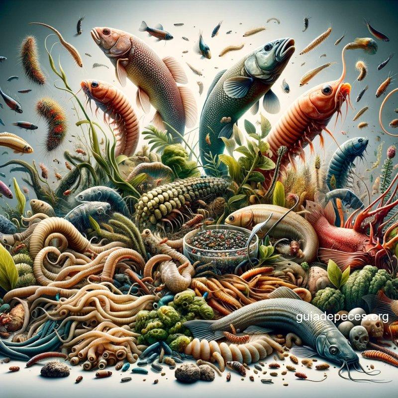 una imagen llamativa y realista en estilo clickbait para ilustrar comida viva para peces gua esencial de alimentacin natural la imagen debe incl