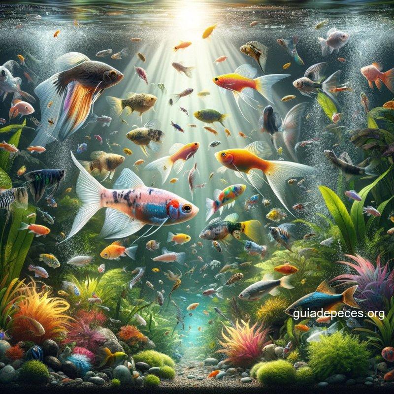 una imagen realista y llamativa en estilo clickbait para ilustrar peces de agua dulce compatibles para una convivencia armnica la imagen debe most